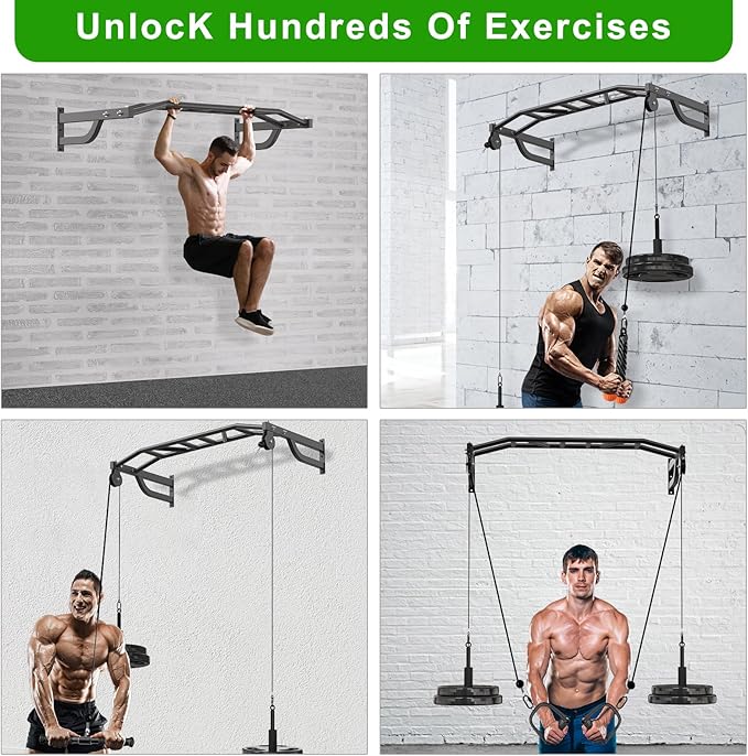 SELEWARE 48'' Heavy Duty Pull Up Bar Wall Mount Multi-function Chin up Bar with Home Gym Cable Pulley System LAT Pulldown Workout Attachments Heavy Bag Hanger