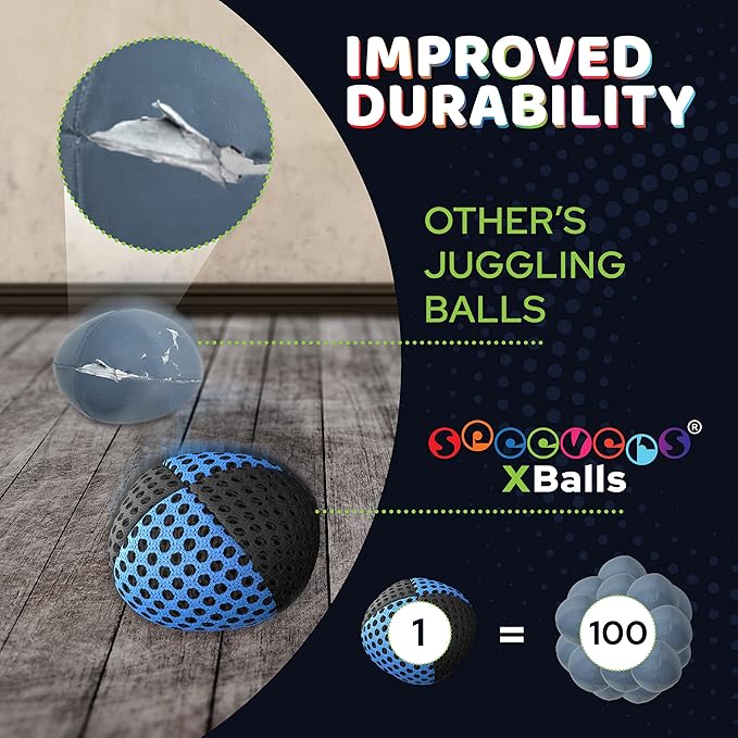 speevers Juggling Balls for Beginners and Professionals Set of 3, 15 Colors Available, 2 Layers of Net and Carry Case, Xballs Juggling Balls (Black - Blue, 3.2 oz)
