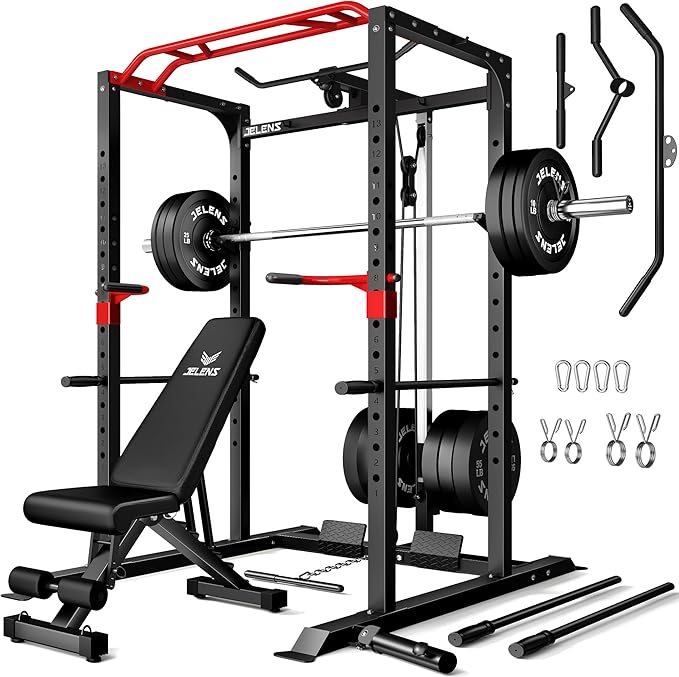 JELENS S11 Power Cage, 2000LB Multi-Function Power Rack with LAT Pulldown, Squat Rack with Adjustable Pulley System and Training Attachments, Weight Rack for Home Gym