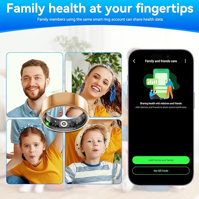 Smart Fitness and Activity Ring for Men and Women - Track Heart Rate Stress Sleep Steps and Blood Oxygen, 10ATM Waterproof Fitness Tracker for iPhone and Android, No Subscription Fee, Size 7