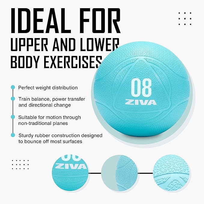 ZIVA Medicine Ball – Durable Rubber Weighted Ball with Easy-Grip Textured Shell for Core, Balance and Strength Training – Commercial Quality (Turquoise, 4–12 lb)