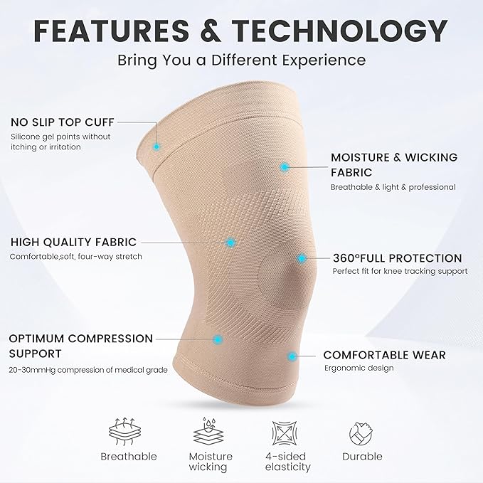 Knee Compression Sleeves, 1 Pair, Can Be Worn Under Pants, 20-30mmHg Strong Support Knee Brace for Unisex, Knee Support for Meniscus Tear, Arthritis, Pain Relief, Injury Recovery, Daily Wear, Beige XL