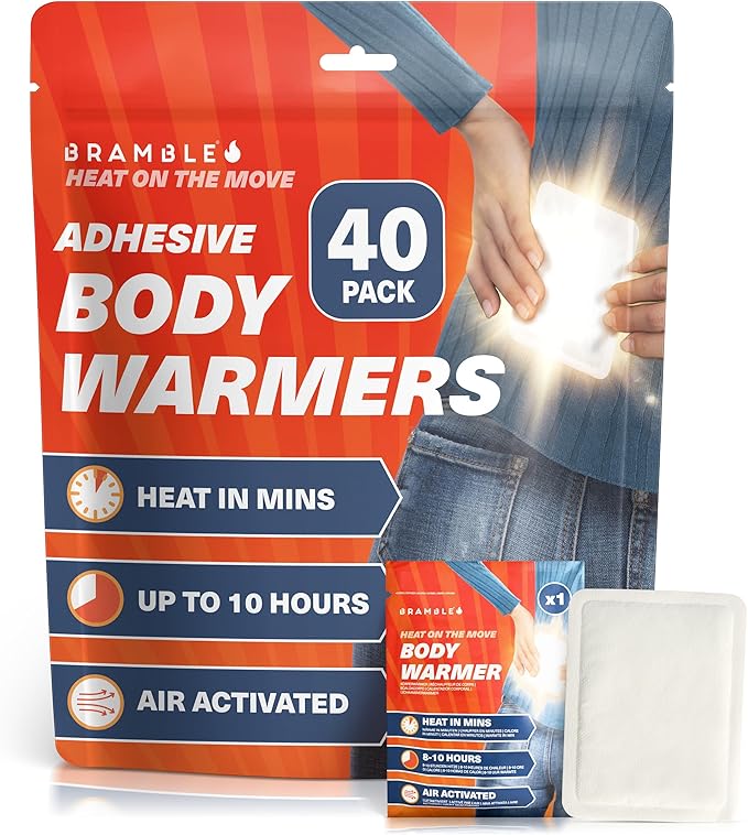 Bramble - Adhesive Body Warmers (40 Pack) - Ultra-Thin Stick-On Patches for Targeted Warmth - Air-Activated & Odour-Free - Up to 10 Hours of Heat