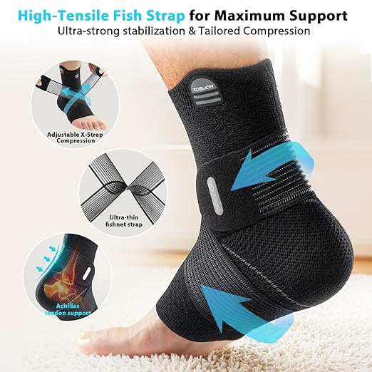ZOELION Ankle Brace Compression Support with Removable Fishnet Strap, 3D Knit Plantar Fasciitis Relief Achilles Tendonitis Brace, Ankle Compression Sleeve for Pain Relief & Injury Healing, Black/3XL