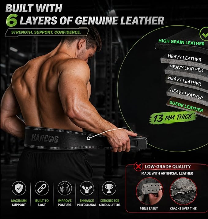 Harcos 13mm Premium Full Grain Leather Lever Weight Lifting Belt for Men & Women – Premium Gym Belt for Powerlifting, Squats, Deadlifts – Heavy Duty Lever Buckle – Weightlifting Belt for Gym Training & Bodybuilding