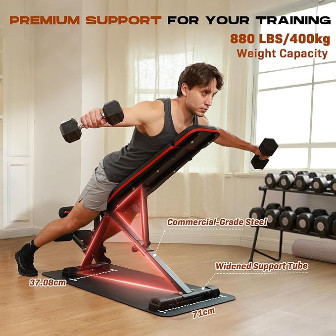 Weight Bench, 880lbs Capacity Adjustable Workout Bench with Headrest for Bench Press, Fast Folding Incline Decline Flat Bench for Home Gym