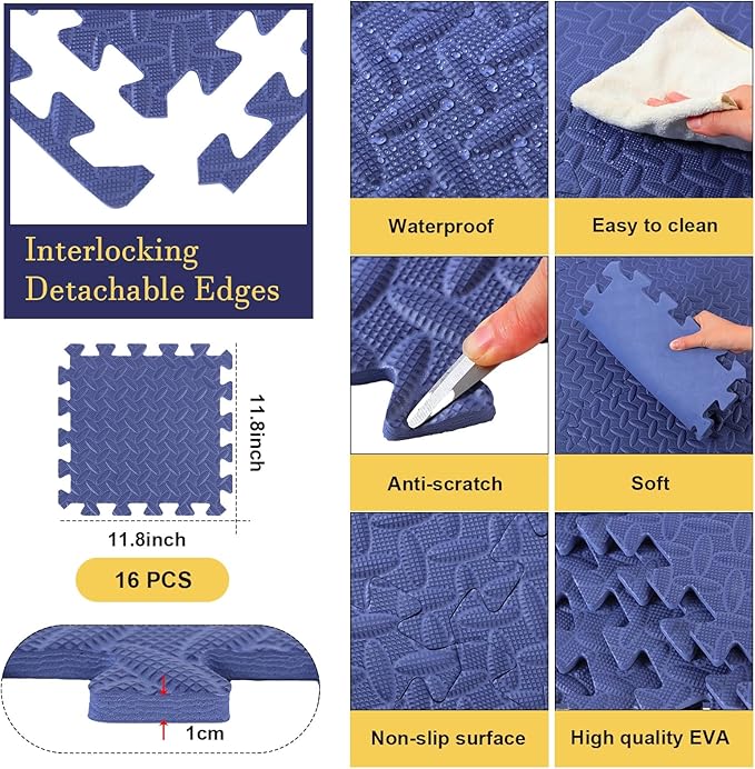 Shihanee Foam Floor Tiles Foam Floor Mats Play Mats Bulk with Borders Interlocking for Bedroom Gym Nursery(11.8 x 11.8 Inch,Navy Blue)