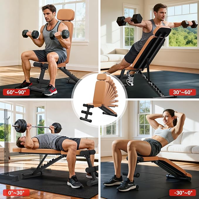 XDDIAS Workout Bench, 10 Backrests Adjustable Weight Bench with Extended Headrest, 800LBS Foldable Weight Bench for Home Gym, Incline Decline Flat Bench Compact for Small Space Training