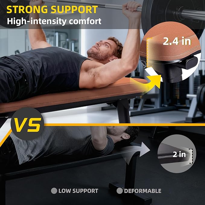 Flat Weight Bench, 2.4 Inch Thick Pad Workout Bench 660 LBS Bench Press Exercise Equipment for Home Gym Strength Weight Training