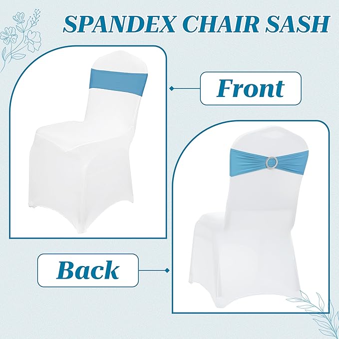 VDS - Blue | Spandex Chair Sashes Bows | 150 PCS | Stretch Elastic Banquet Universal Folding Chair Band Tie with Silver Buckle Slider for Wedding Party Conference Celebration Event Decoration