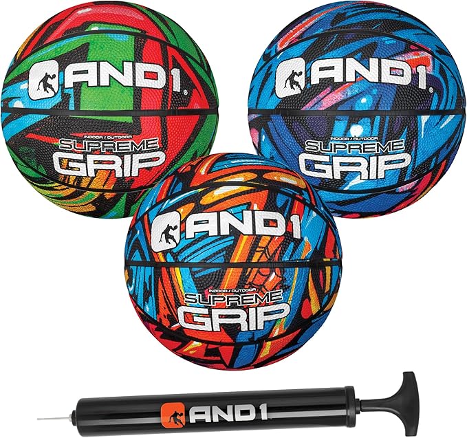 AND1 Mini Basketball 3 Pack Set for Kids (Deflated w/Pump Included): - Size 3 7-Inch Premium Youth Size Basketballs, Easy to Grip