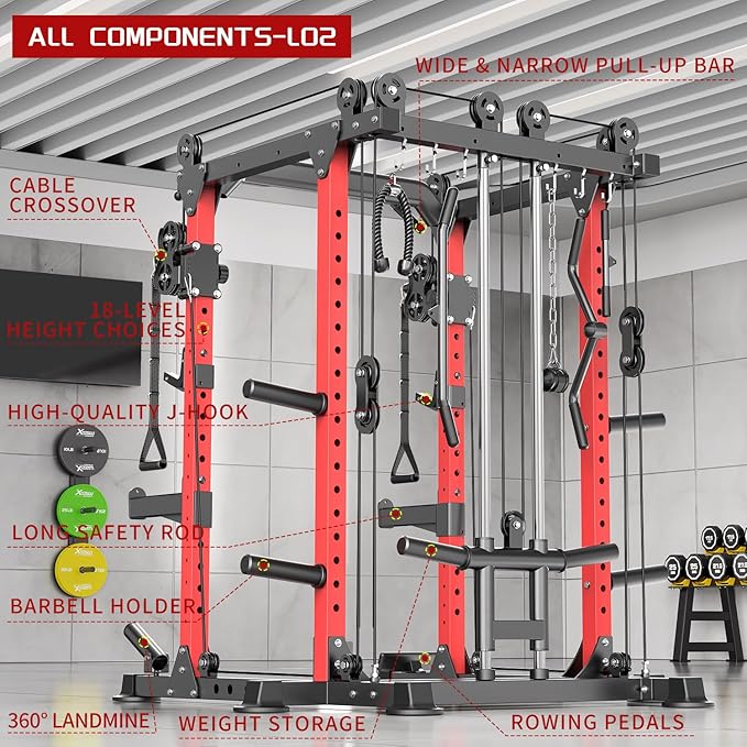 Multi-Purpose Squat Rack,Smith Machine Weight Rack Set with Cable Crossover System, Home Gym Power Racks, Power Racks and Packages