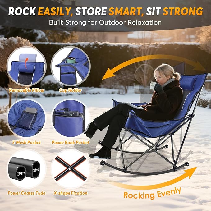 Suteck Heated Rocking Camping Chair, Oversized Heated Camping Chair W/20000mAh Power Bank & Carry Bag, Fully Padded Heated Chairs for Outdoor Sports W/3 Heat Levels for Back & Seat, Lawn Picnic Patio