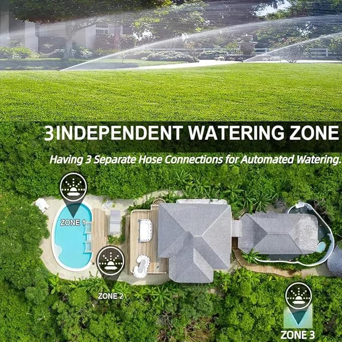 Water Timer for Outdoor Garden Hose, Sprinkler Timer for Garden Faucet with Auto/Manual/Rain Delay Mode, Sprinkler Irrigation Controller for Yard Lawn (3 Zones Brass Inlet)