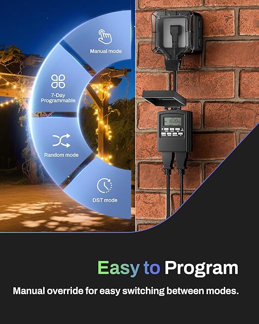BN-LINK 7 Day Outdoor Heavy Duty Digital Programmable Timer, Outdoor Timer Outlet Waterproof, 2 Grounded Electrical Outlets for Christmas Lights, 15A 1/2HP,ETL Listed（2 Pack）