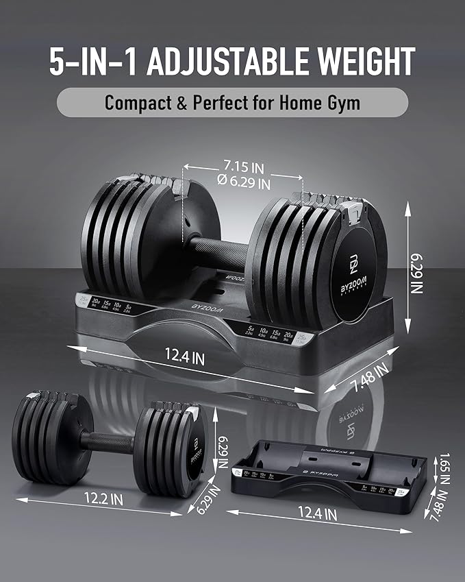 BYZOOM FITNESS Pure Series Adjustable Dumbbell - 12.5/25/27.5/75lb - ONE UNIT OR PAIR(check QTY before purchase) - 5-in-1/ 10-in-1 / 21-in-1 Flexible Hand Weights for Home Gym, Strength Training & Fitness Workouts, White OR Black