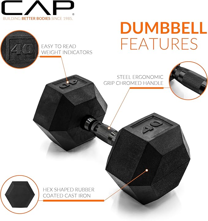 CAP Barbell Coated Hex Dumbbell Weight - Single | 10-120 lbs | Multiple Options