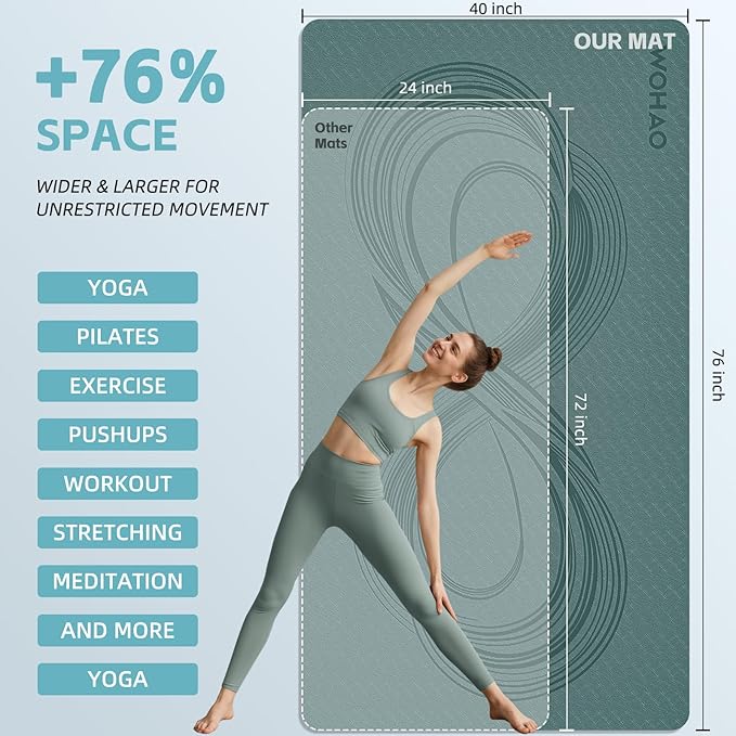 Large 76"x40"x0.4" Yoga Mat - Extra Width & Thick Non-Slip Exercise Mat, Versatile for Stretching, Yoga Studio, Gym, Home & Indoor/Outdoor Workouts