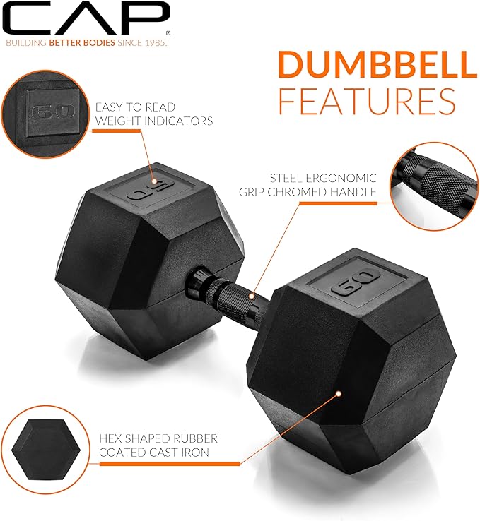 CAP Barbell Coated Hex Dumbbell Weight - Single | 10-120 lbs | Multiple Options