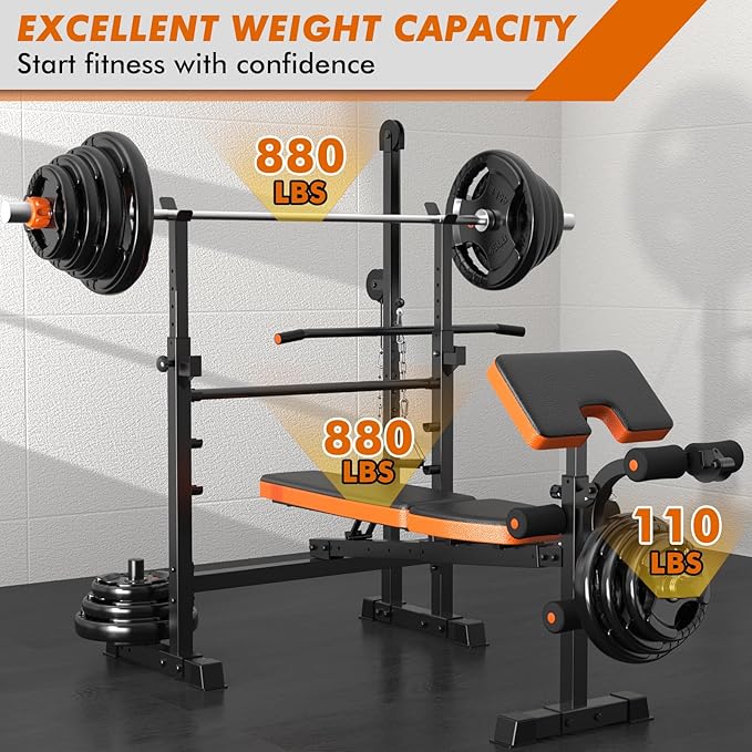 XDDIAS Bench Press Set, 880LBS Adjustable Weight Bench with Leg Extension and Preacher Curl Pad, 8 IN 1 Multi-Function Gym Bench with LAT Pulldown Pulley System, Full-Body Workout Home Gym Equipment