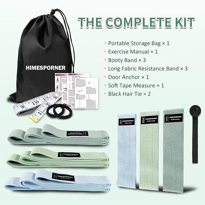 HIMESPORNER 9 PCS Fabric Resistance Bands Set for Working Out, Non-Slip Exercise Booty Bands for Women & Men Leg and Glutes with Hair Ties and Tape Measure - for Home Gym Workout, Yoga, Pilates