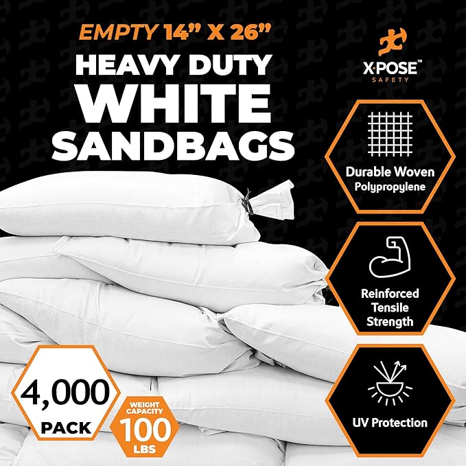 Xpose Safety Heavy Duty Sand Bags with Tie Strings – Empty Woven Polypropylene Sandbags for Hurricane Flood Protection, 100 lb Capacity, 14" x 26", White, Bulk Half Pallet Pack of 4000