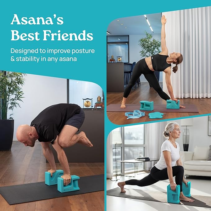 PRO Yoga Blocks | Ergonomic Yoga Block 2 Pack for Wrist Comfort and Support | EVA Foam Exercise Blocks, 2x Knee Pads & Yoga Strap | Pilates Block Set | Bricks to Eliminate Wrist Pain