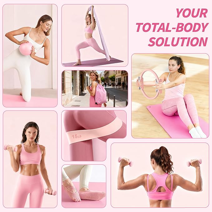 NANATI Pilates Kit, Pilates Essential Kit for Women, Pilates Equipment with 14.5" Pilates Ring and Ball, Resistance Bands,Dumbbells & Grip Socks Accessories, Home Pilates Workout Kit for Starter