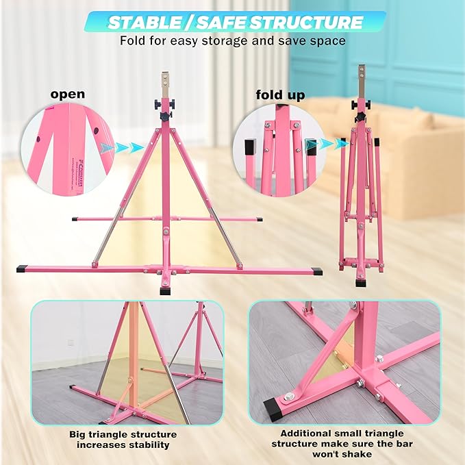 Foldable Gymnastics Bar,5FT Horizontal bar,Adjustable Kids Training bar for Kids Ages 3-15,Kids Gymnastics bar,Triangle Stable Structure-Gym Equipment for Home