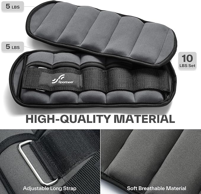 Sportneer Adjustable Ankle Weights Set - 1 Pair (2-10 lbs) Removable Sandbags for Women & Men, Comfortable Neoprene Leg Weights for Walking, Running, Pilates, Yoga, Home Workout & Physical Therapy