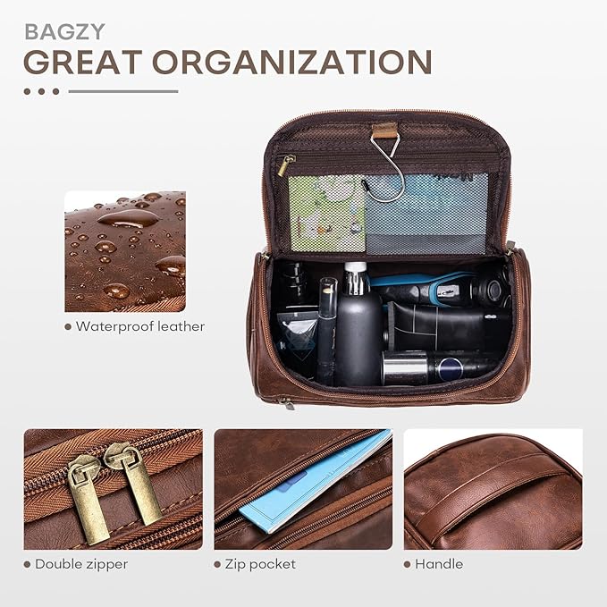 Travel Toiletry Bag for Men, Hanging Hygiene Bag EDC Pouches Small Dopp Kit Water-resistant Mens Shaving Kit Bags PU Leather Toiletry Organizer for Travel Weekend Fitness Hospital Black