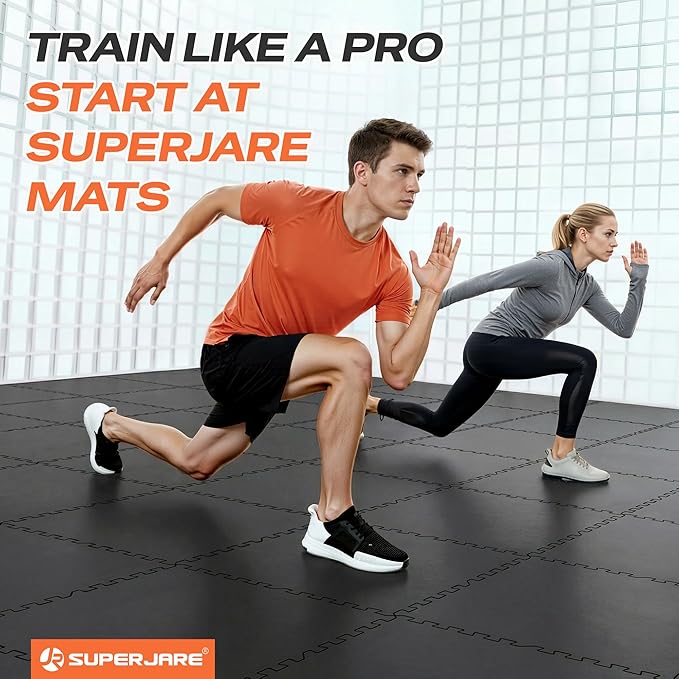 SUPERJARE 0.56'' Thick 36 Pcs 144 Sq Ft Rubber Top Exercise Equipment Mats, High Density EVA Foam Mats with Rubber Top, Interlocking Gym Flooring for Home Gym, Protective Workout Mat, Black