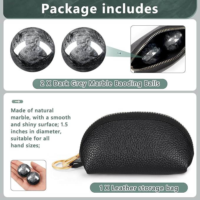 AceOrbit Baoding Balls Set of 2, Chinese Stress Relief Hand Exercise Balls with Leather Pouch, 1.57 Inch Dark Grey Marble, Finger Exercise and Wrist Strength Training