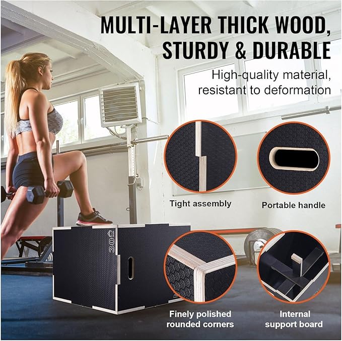 Plyometric Jump Box 3 in 1-30/24/20 Inch Wooden Plyo Box for Fitness, Agility Training, Step Ups - Home Gym Equipment - Black