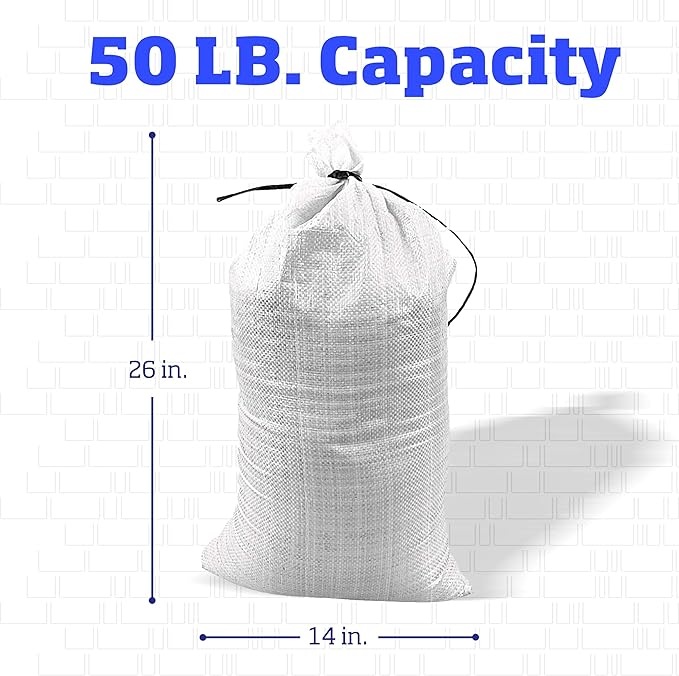 DURASACK Heavy Duty Sand Bags with Tie Strings Empty Woven Polypropylene Sandbags for Flood Control with 1600 Hours of UV Protection, 50 lbs Capacity, 14x26 inches, White, 18000 Count