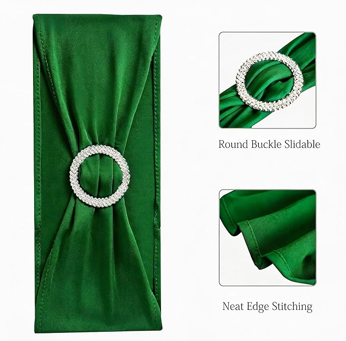 100 Pack Spandex Dark Green Chair Sashes for Wedding - Stretch Chair Bows Bands with Buckle for Party Birthday Banquets Engagement Christmas Events Decorations