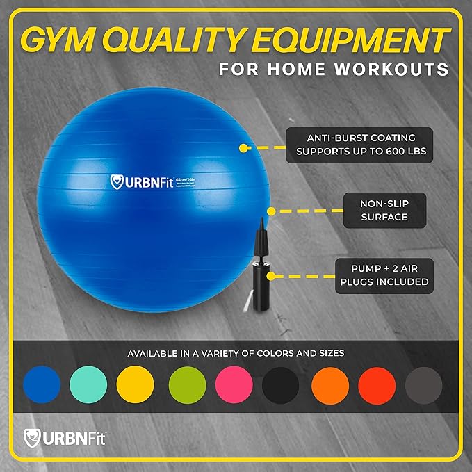 URBNFit Exercise Ball - Yoga Ball for Workout Pregnancy Stability - AntiBurst Swiss Balance Ball w/ Pump - Fitness Ball Chair for Office, Home Gym