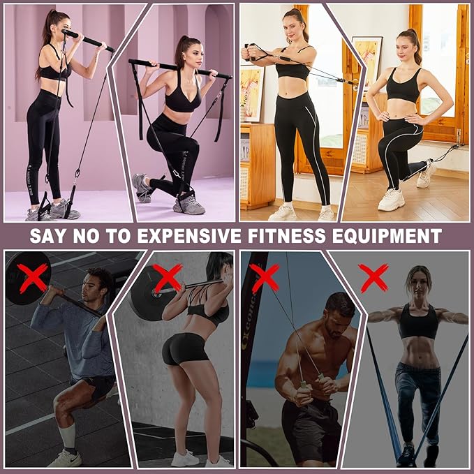 Pilates bar kit Multiple Fitness bar with Resistance Bands, Ab Rollers.Core Strength Training Equipment. Squat Machine for Men and Women.Portable Home Gym Pilates bar kit for Full Body Training Women