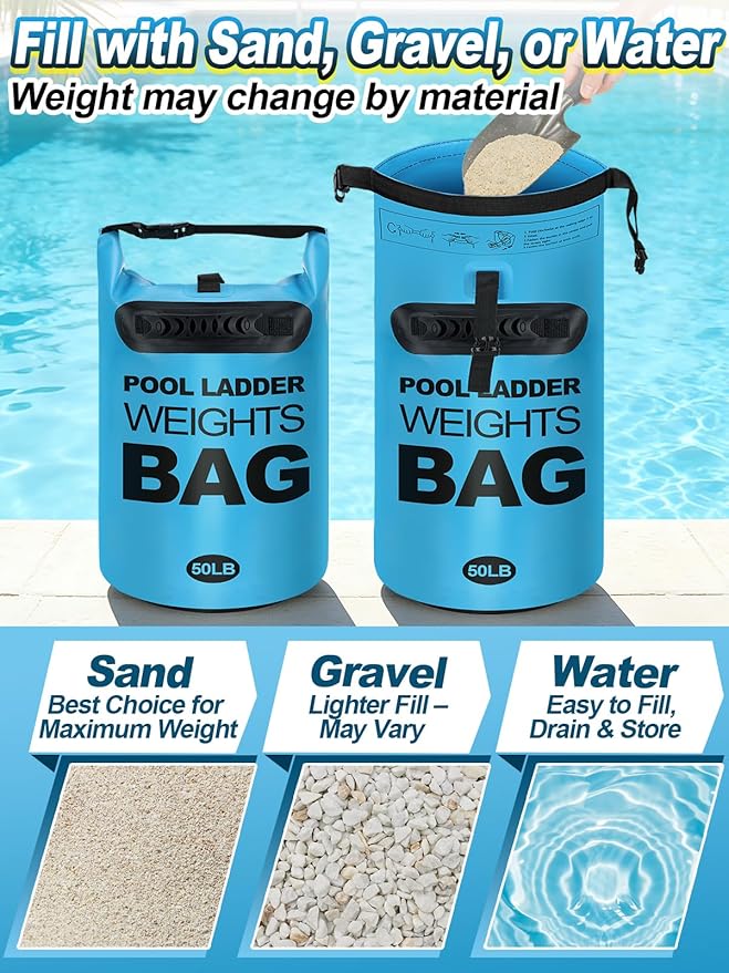 Cosweet 2 Pack Heavy Duty Pool Ladder Weights - 50lb Easy to Fill Anchor Bags, 500D PVC Waterproof Sand Bags with Handles & Secure Buckle Closure to Stabilize Above Ground Swimming Pool Steps