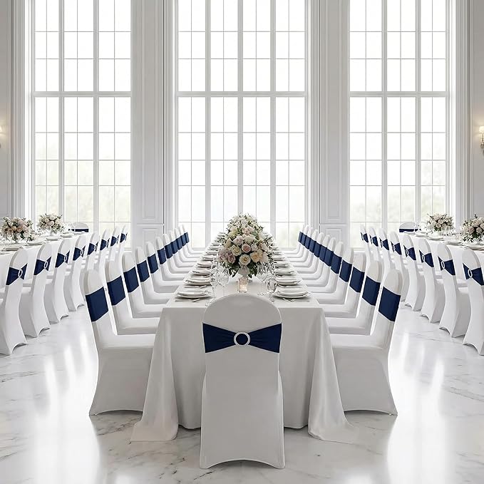 150 Pack Spandex Stretch Chair Sashes Bows, Elastic Stretch Chair Cover Bands Ties with Buckle Slider for Wedding Party Ceremony Reception Event Banquet Decoration (Navy Blue)