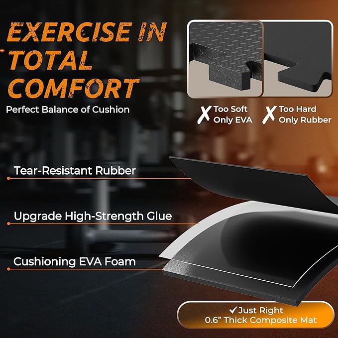 PRAISUN 0.6" Thicker Rubber Top Gym Flooring for Home Gym, 6 Pcs 24 Sq Ft Workout Mats, Exercise Mat, Interlocking Rubber Floor Mats with High Density EVA Foam for Garage, 24 x 24in, Black