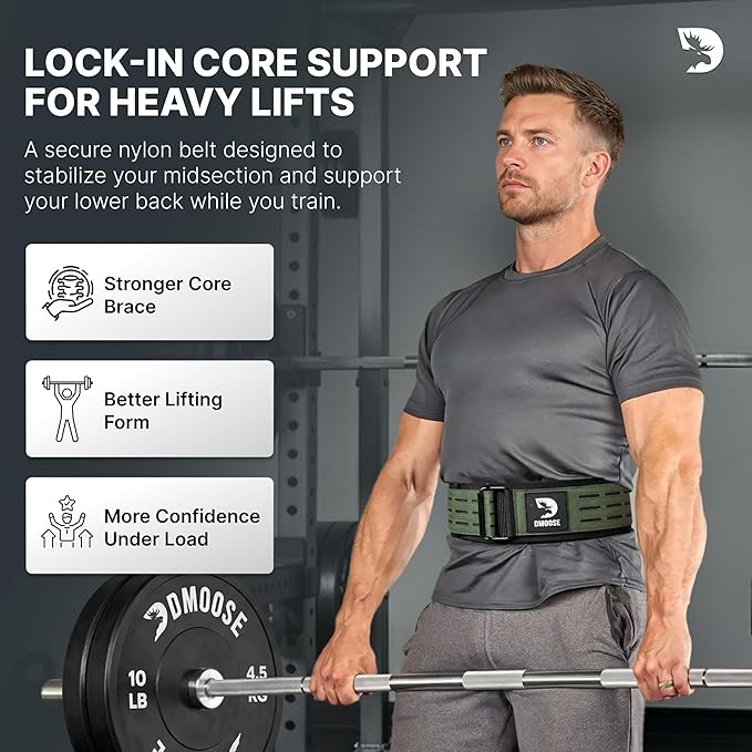 DMoose Weight Lifting Belt - Auto Locking Gym Belt for Olympic Training, WOD, Cross Training for Men and Women - 4" Nylon Workout belt with Adjustable Buckle - Provides Lumbar Support and Stability