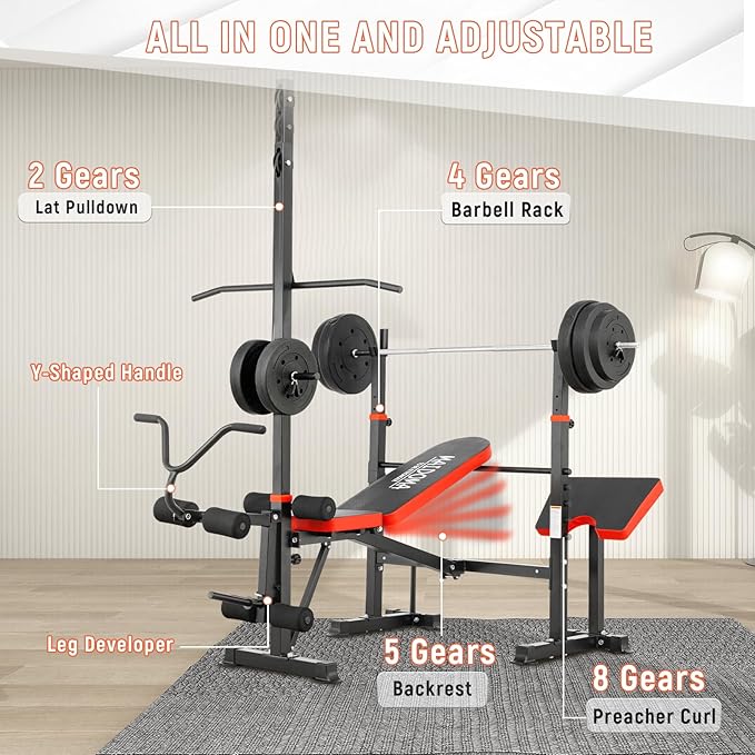 1500LBS 8 in 1 Weight Bench Set with Leg Extension/Curl and Preacher Curl, Bench Press Set and Barbell Rack with Safety Bar Catches, Foldable Workout Benches for Home(US Stock)