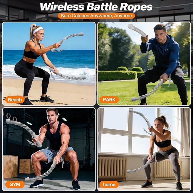 Ropeless Battle Ropes — 1.76LB Weighted 2 Pack Portable Cordless Battle Ropes with Training Gloves for Home Gym HIIT Cardio, Quiet Training Equipment for Apartments, Men & Women (Grey)