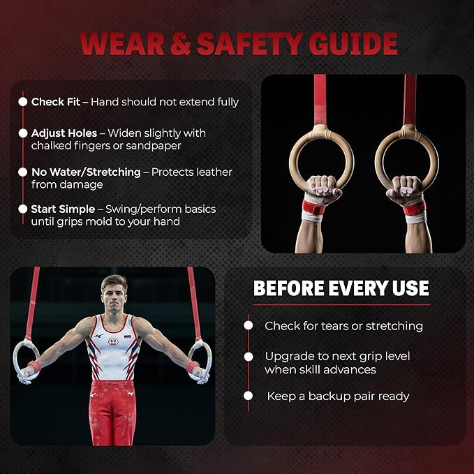 Reisport Protec Ring Gymnastics Grips for Men - Triple Strength Leather Hand Grips for Gymnastics Rings - Gymnastics Equipment & Accessories for Advanced Gymnasts