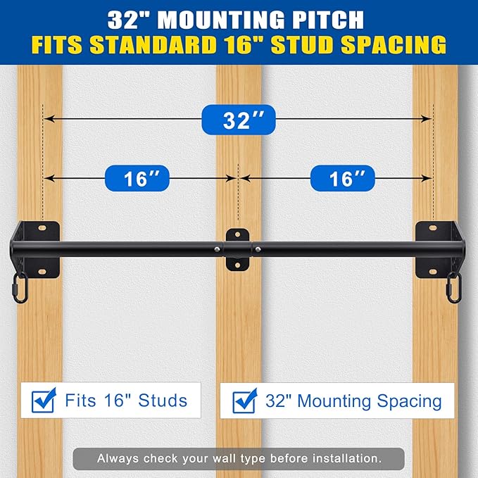 Kipika Wall Mounted Pull Up Bar - Heavy Duty 450 LB Capacity Doorway Chin Up Bar for Home Gym, Sturdy Steel Construction with Resistance Band Hooks | Hanging Exercise Bar for Full Body Workout