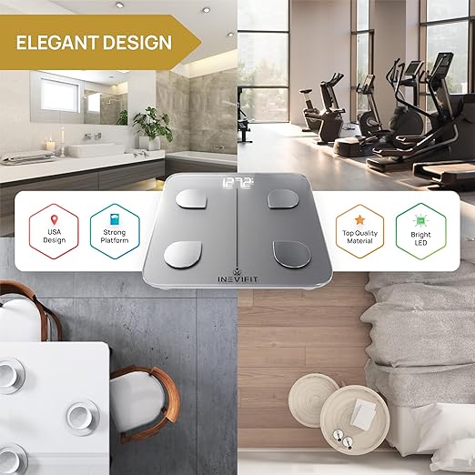 INEVIFIT Smart Body Fat Scale, Highly Accurate Bluetooth Digital Bathroom Body Composition Analyzer, Measures Weight, Body Fat, Water, Muscle, Visceral Fat & Bone Mass for Unlimited Users