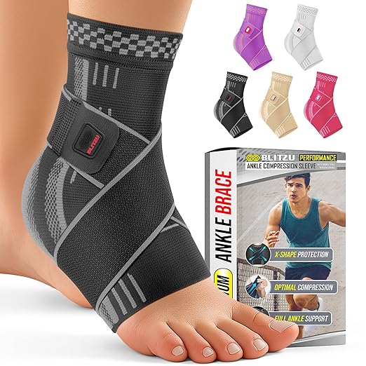 BLITZU Ankle Brace for Women, Men, Plantar Fasciitis Relief, Achilles Tendonitis Brace for Sprained Foot, Ankle Compression Sleeve with Strap Black L