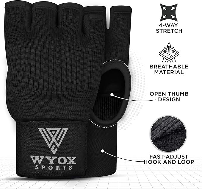 WYOX Gel Boxing Hand Wraps Inner Gloves for Men & Women – 80cm Quick Wrist Strap, Padded Knuckle Support, Fingerless MMA Muay Thai Kickboxing Wraps for Training, Punching & Martial Arts