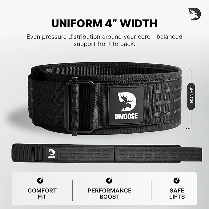 DMoose Weight Lifting Belt - Auto Locking Gym Belt for Olympic Training, WOD, Cross Training for Men and Women - 4" Nylon Workout belt with Adjustable Buckle - Provides Lumbar Support and Stability